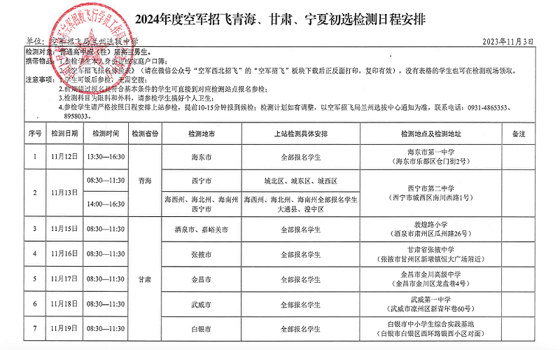 青海2024年度空軍招飛宣傳報(bào)名和初檢時間